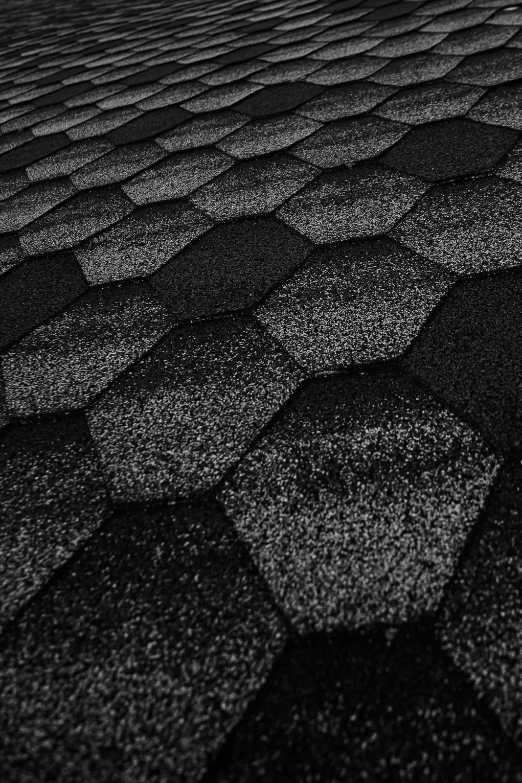 Dark toned hexagonal asphalt shingles across a roof slope