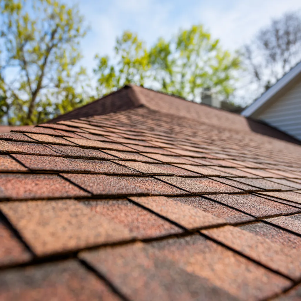 Reddish brown asphalt shingles rising toward a roof peak