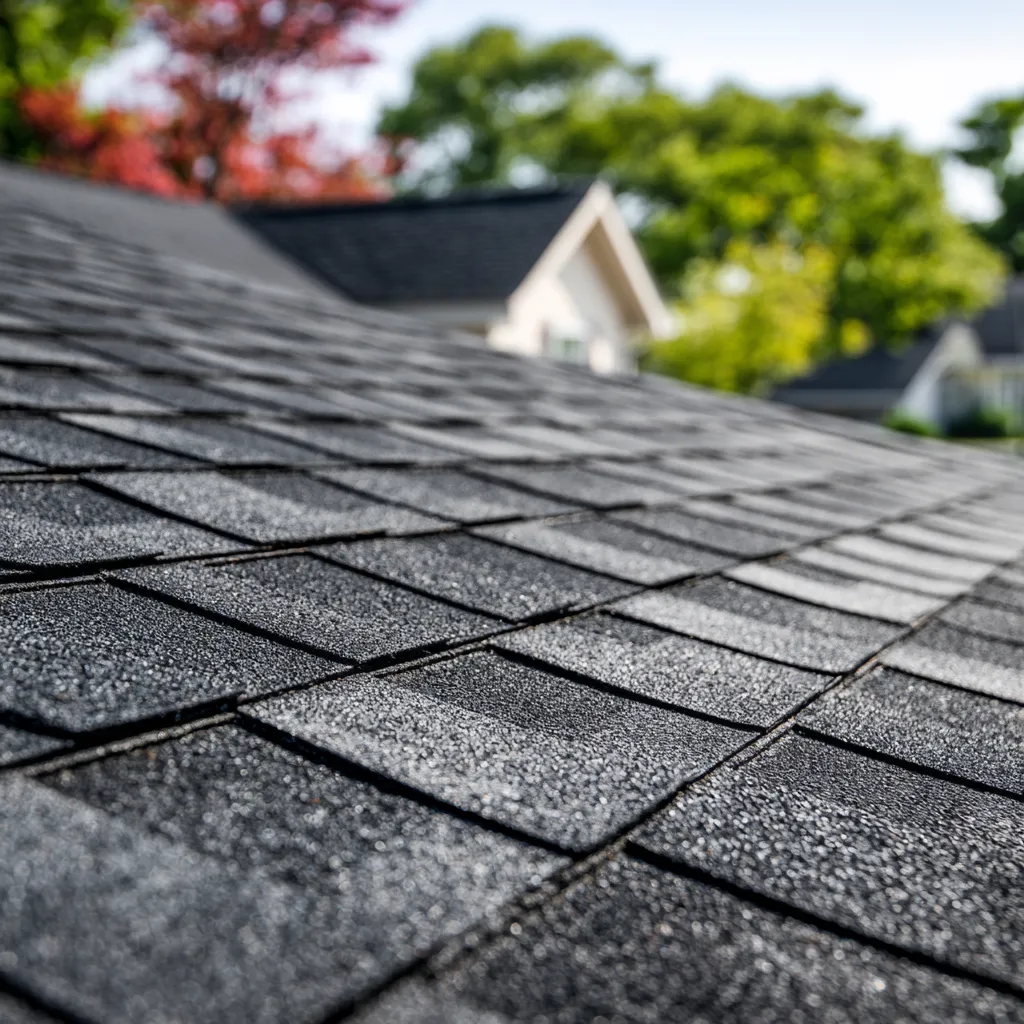 Close-up of black architectural shingles with neighboring homes blurred behind