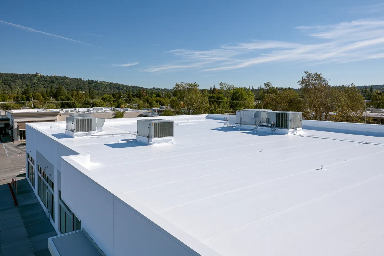 Commercial flat roof covered by single-ply membrane with air handling units