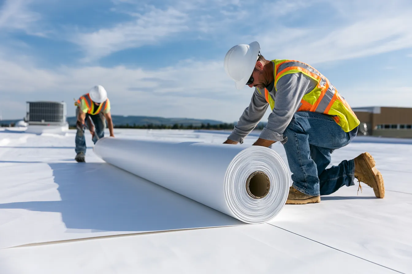 Workers in hi-vis gear roll out white membrane across a commercial roof