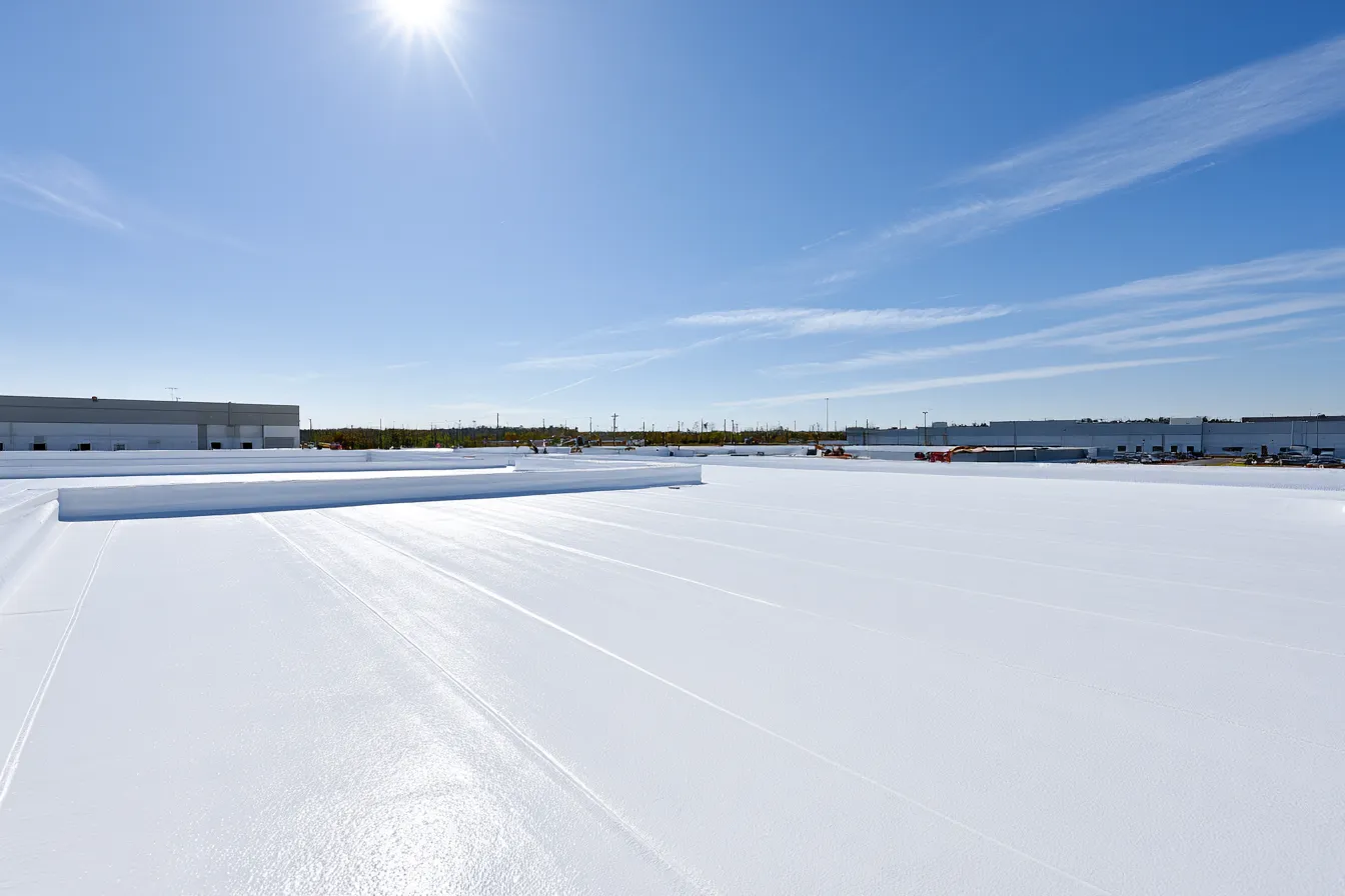 Wide white coated flat roof under bright sky with distant buildings