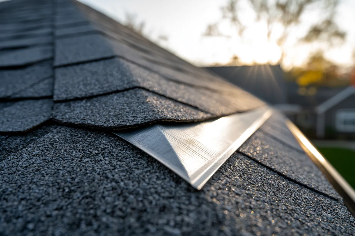 Close view of metal flashing tucked under asphalt shingle courses