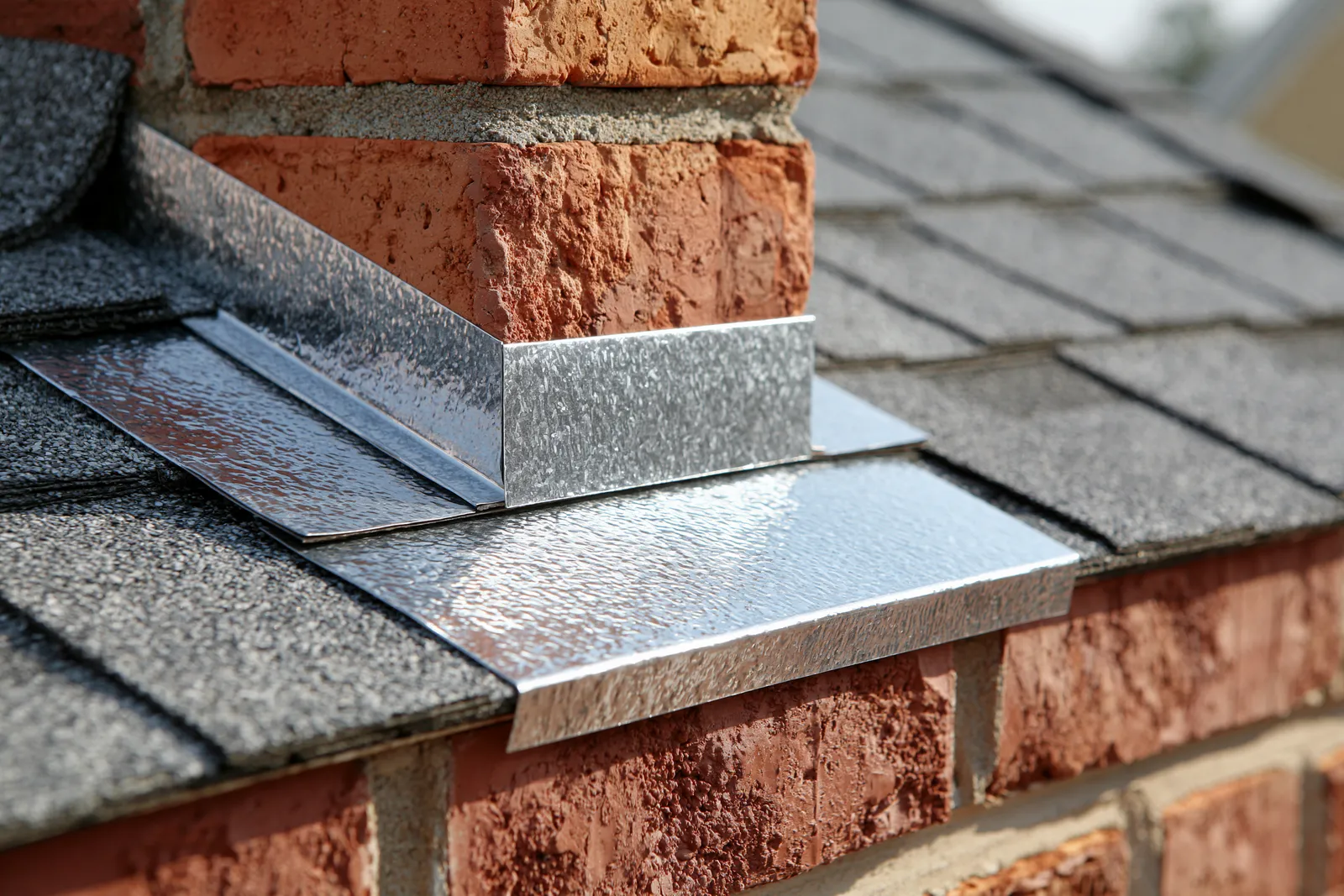 A shingle roof shows metal saddle flashing wrapped around a brick chimney corner