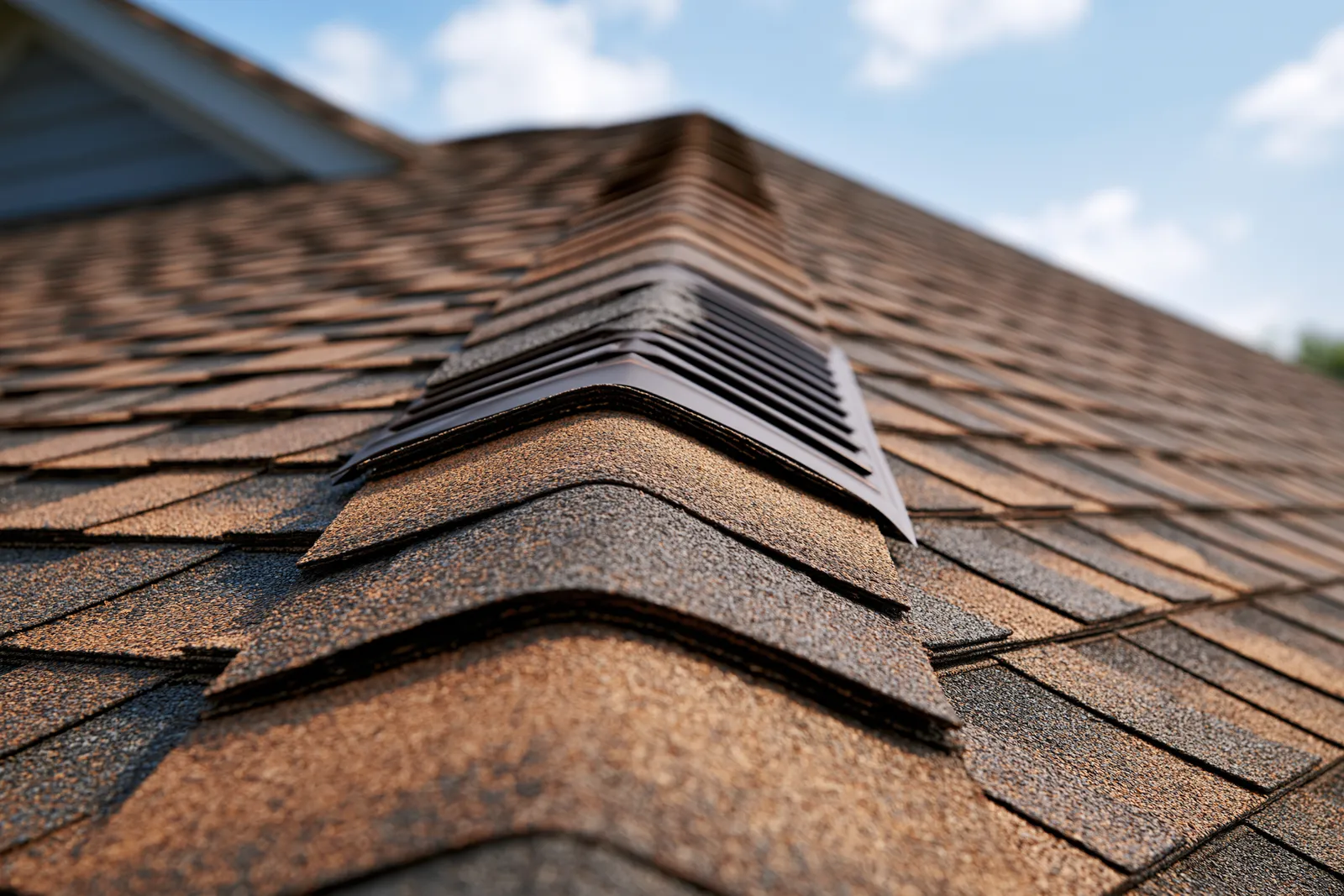 Brown shingle roof peak fitted with a long ridge vent under a blue sky