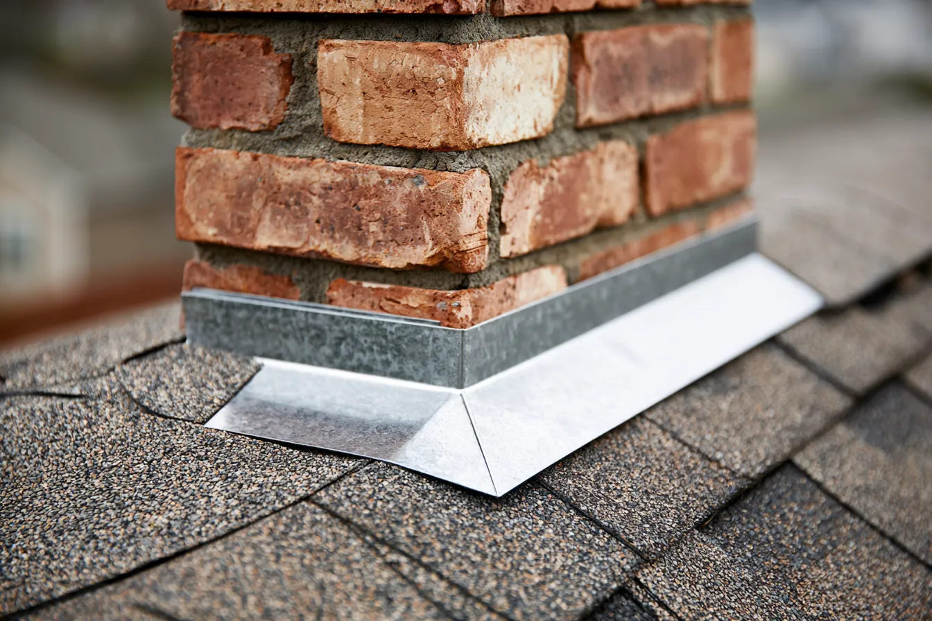 Metal flashing stepped into a brick chimney side