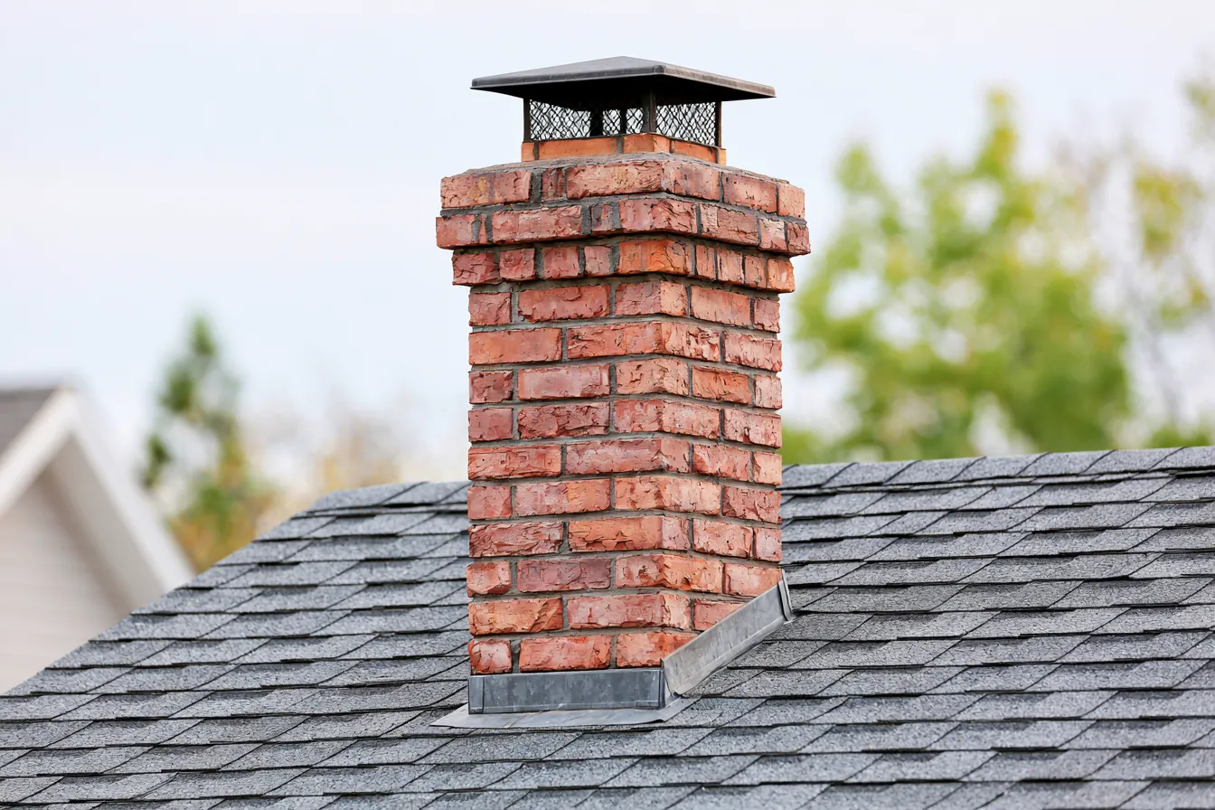 Brick chimney rising from a shingle roof plane