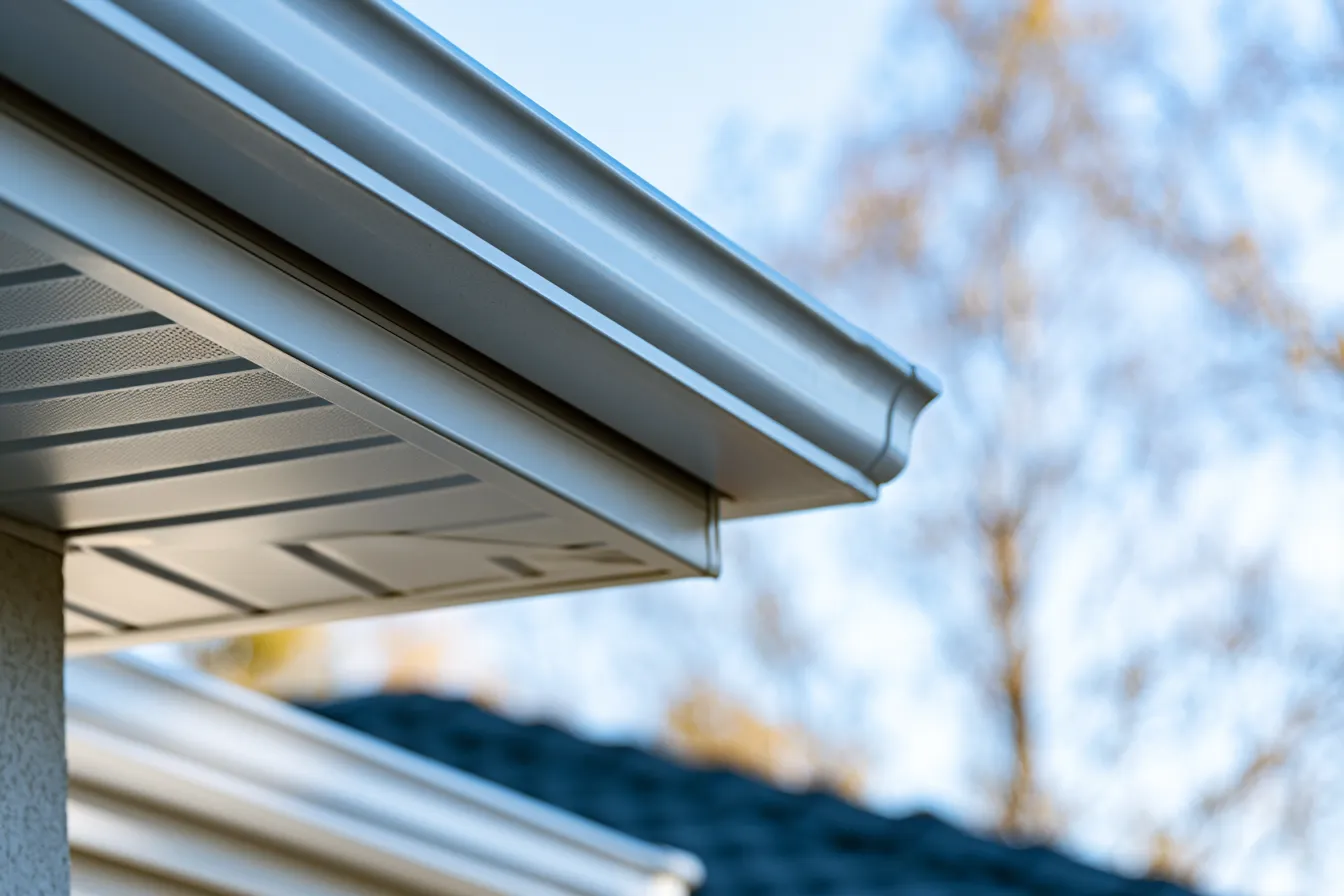 Seamless gutter and soffit at a roof corner in close view