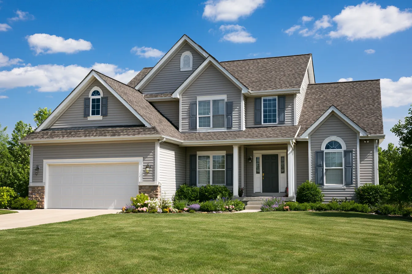 Gray two-story house with a brown asphalt shingle roof and white garage door