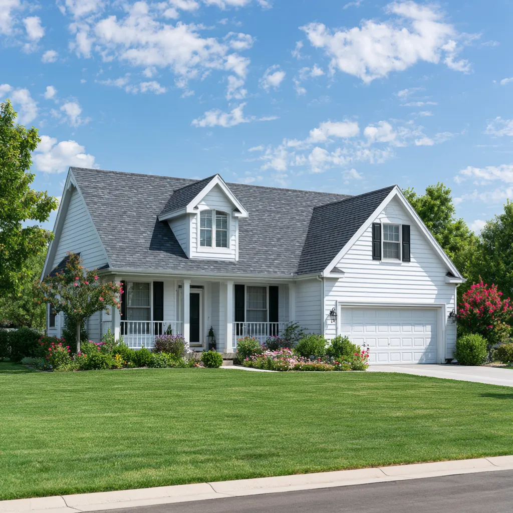 Gray architectural shingle roof on a white house with black shutters