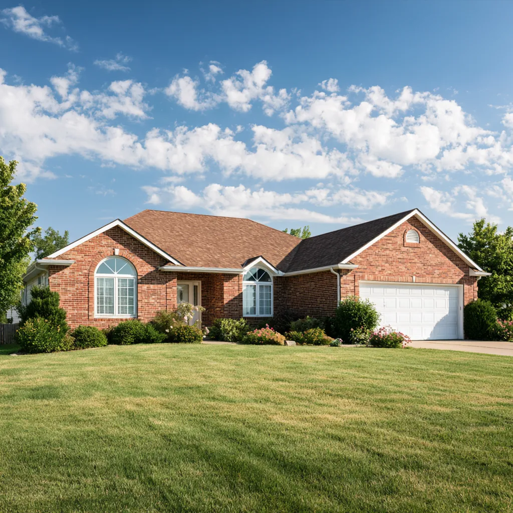 Brown shingle roof on a red brick ranch home with arched windows