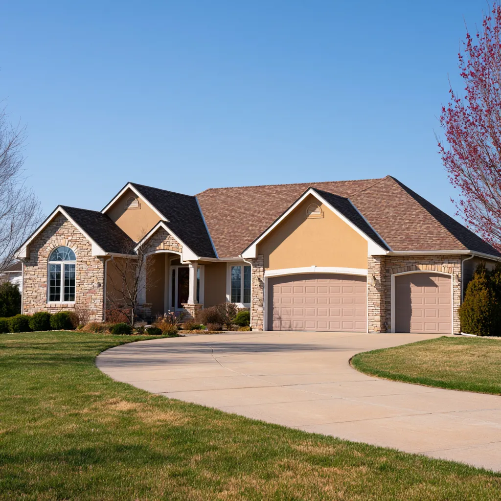 Brown architectural shingle roof over a stucco and stone ranch home