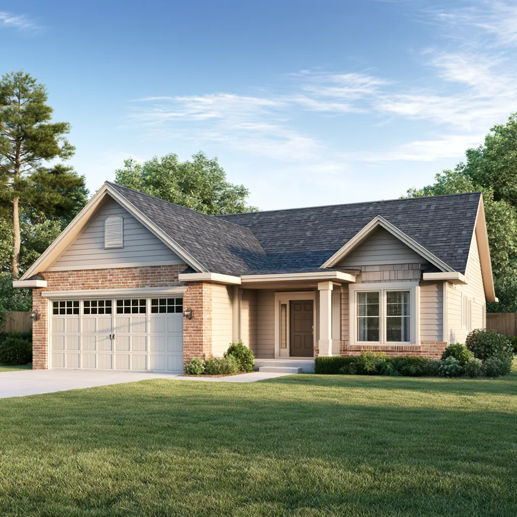 Brick and siding ranch home with a dark gray shingle roof