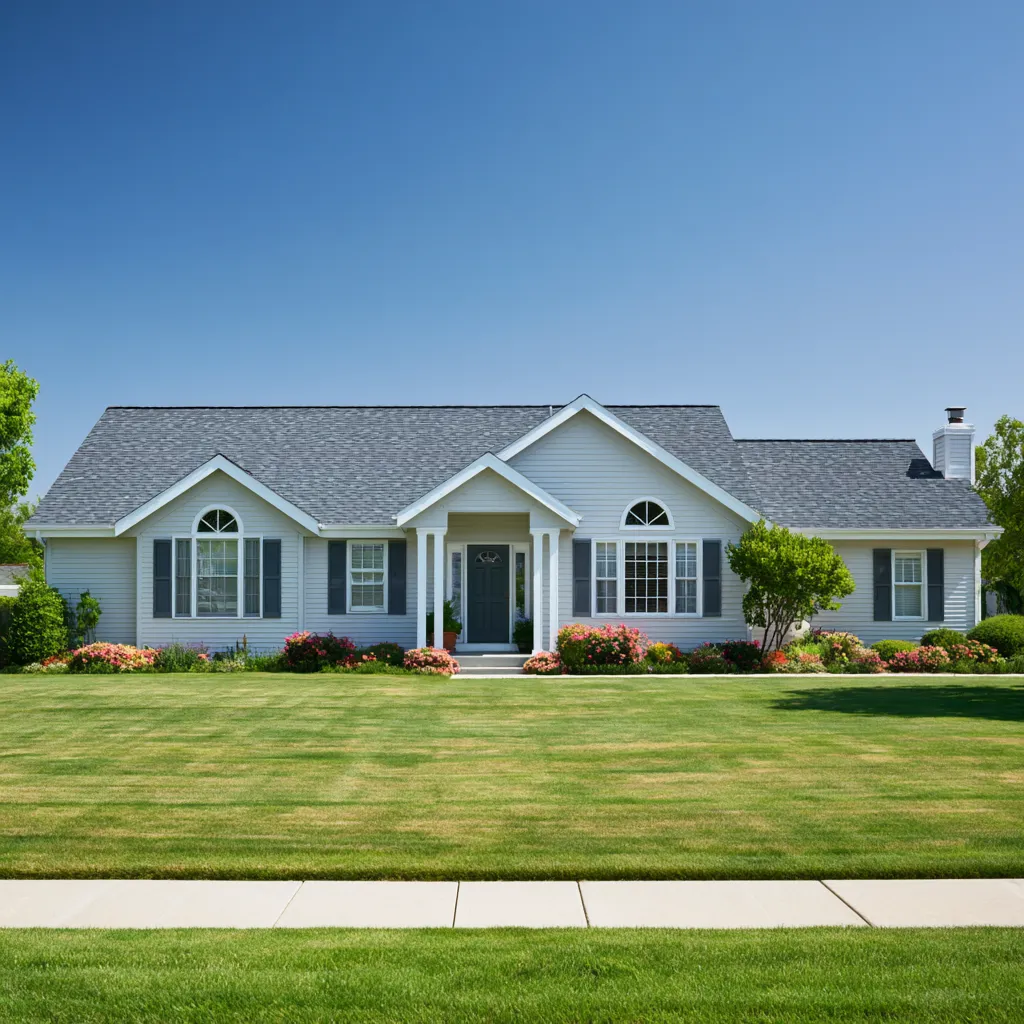 Wide front lawn before a single-story home with a gray asphalt shingle roof