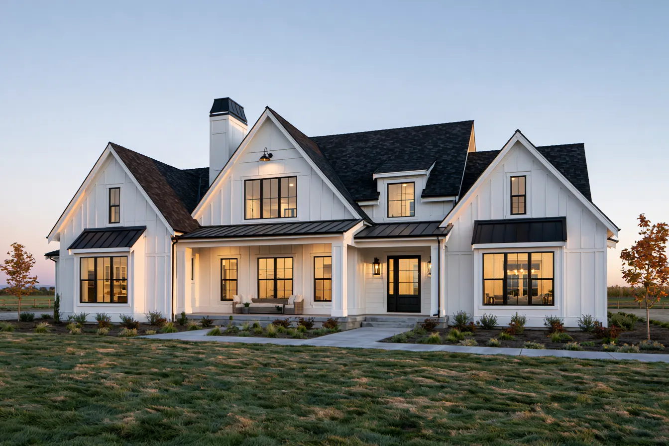 Dark gray shingles top this white modern farmhouse with black windows in evening light