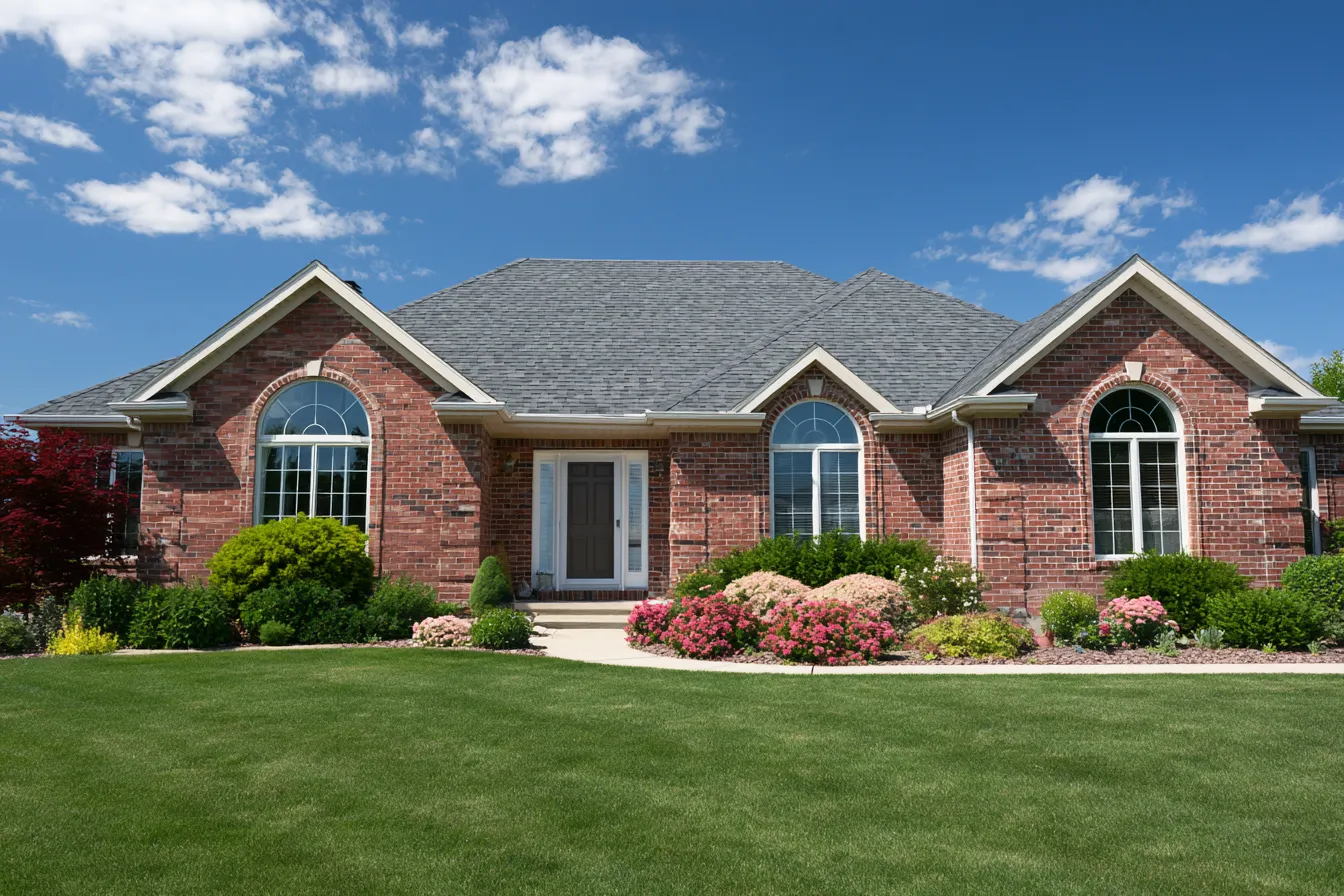 A brick ranch home with arched windows and a gray shingle roof under a partly cloudy sky