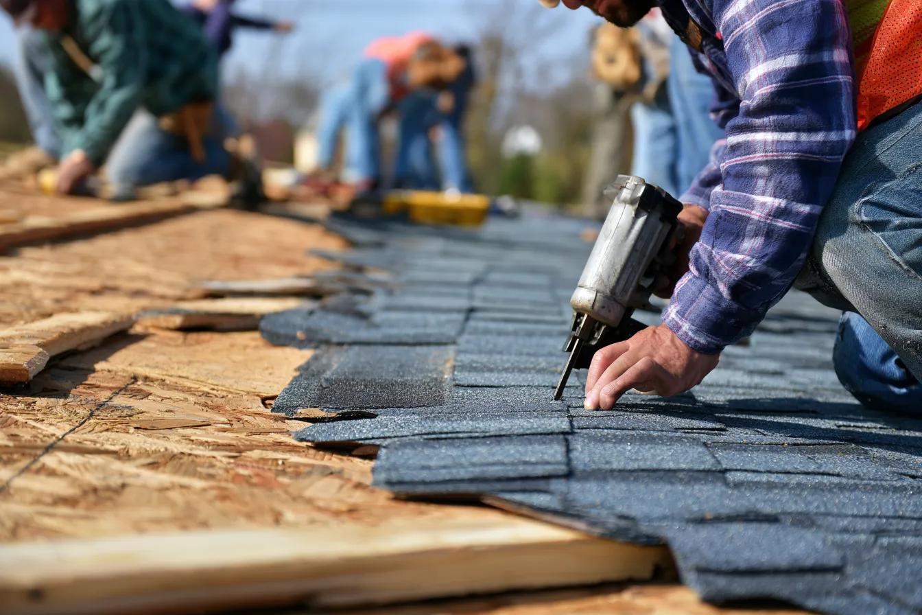 Dark shingles installed over fresh plywood decking by roofers