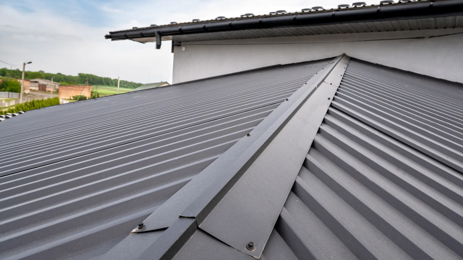 Dark metal roof panels joined at a hip with visible fasteners