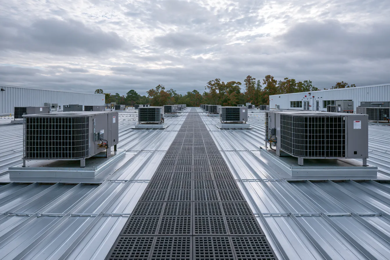 Commercial metal roof with equipment and walk pads
