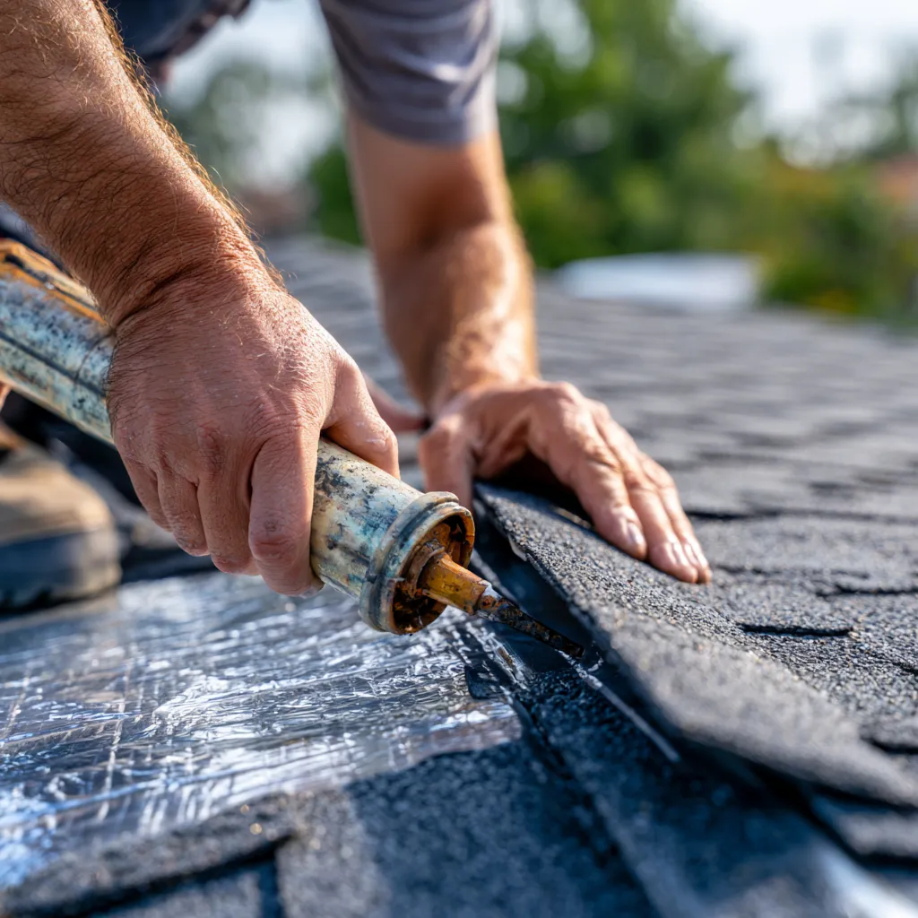 Sealing a shingle edge a roofer works to stop a roof leak