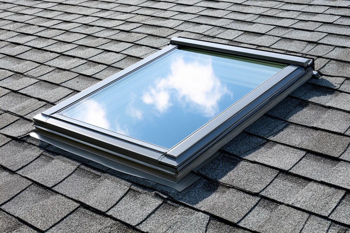 Rectangular skylight with metal flashing set into a gray shingle roof