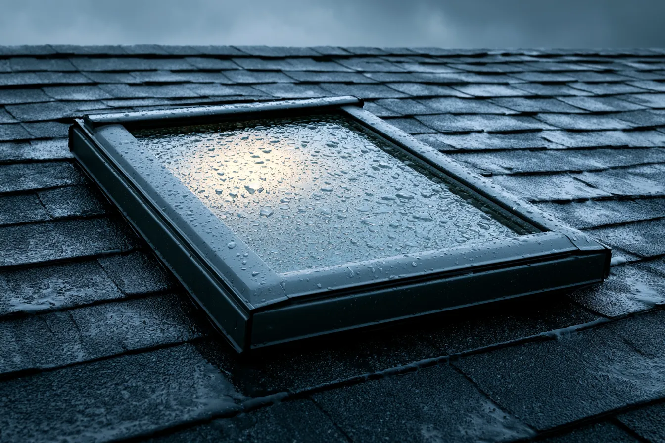 Wet shingle roof with a dark metal skylight covered in raindrops
