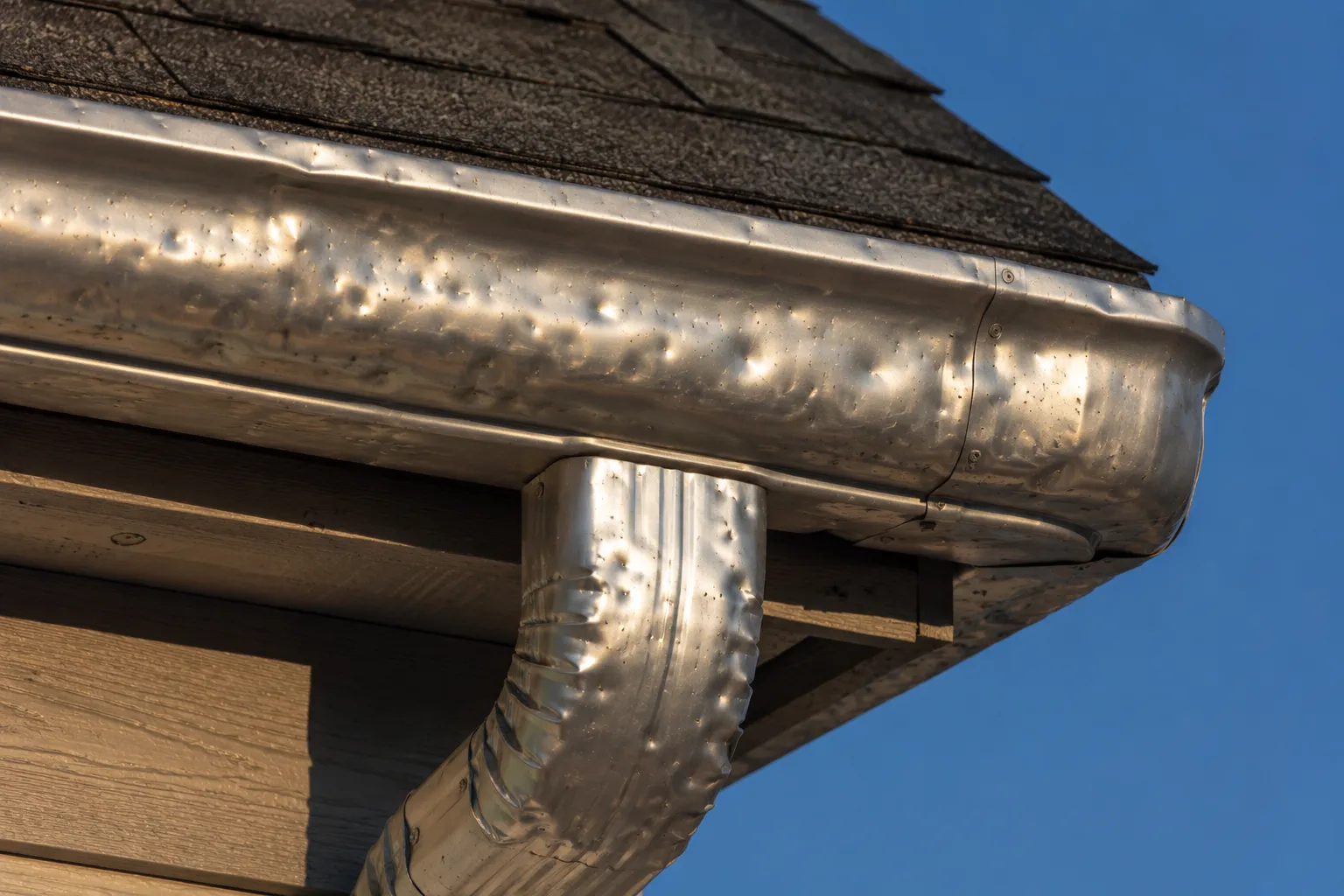 Hail-dented aluminum gutter and downspout